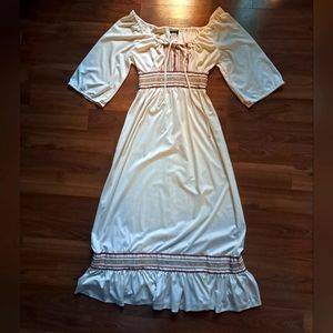Rare Vintage 60s Maxi Prairie Dress Cream Ribbon Folk Floral Trim Off Shoulder
